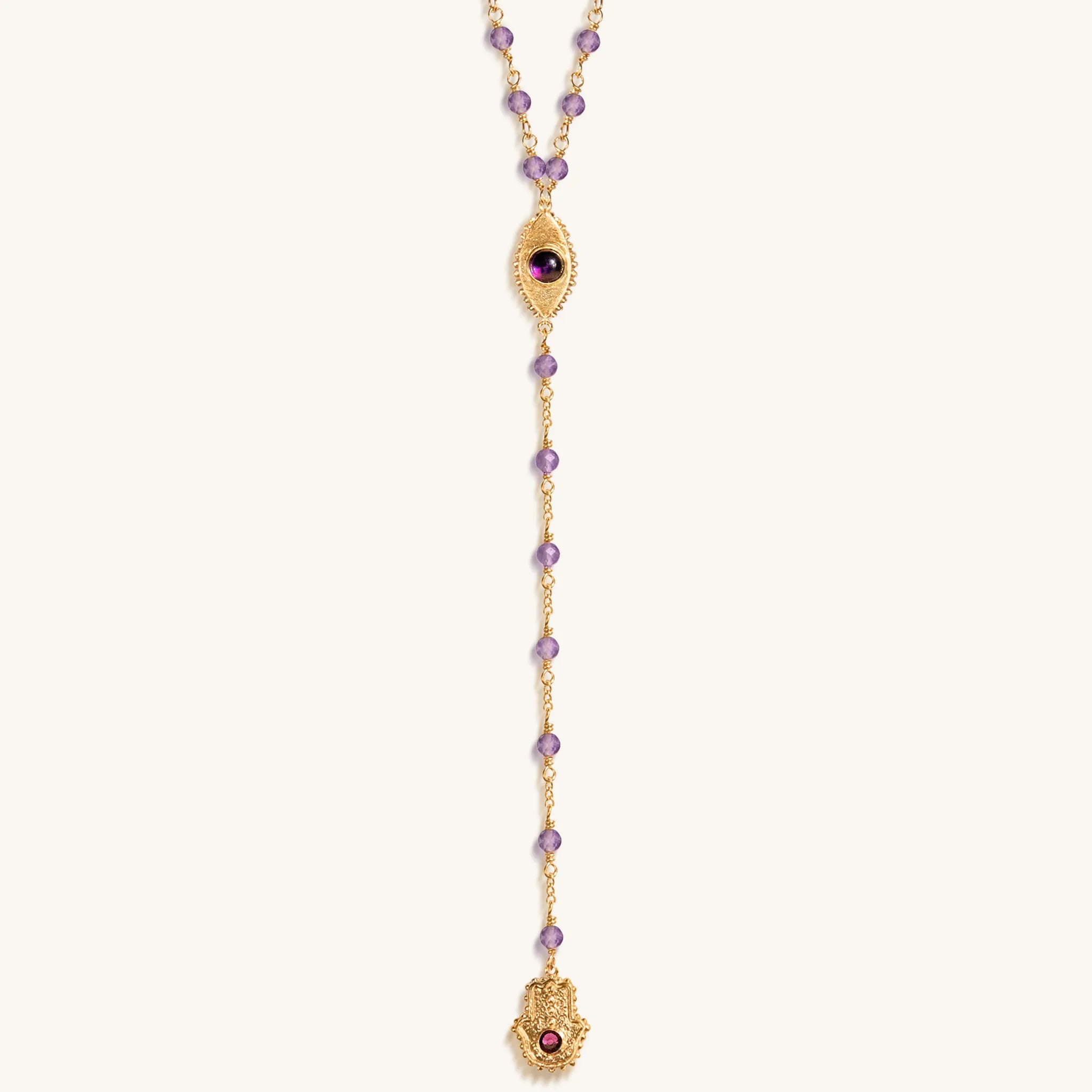 Peace of Spirit - Amethyst Evil Eye Hamsa Lariat Necklace