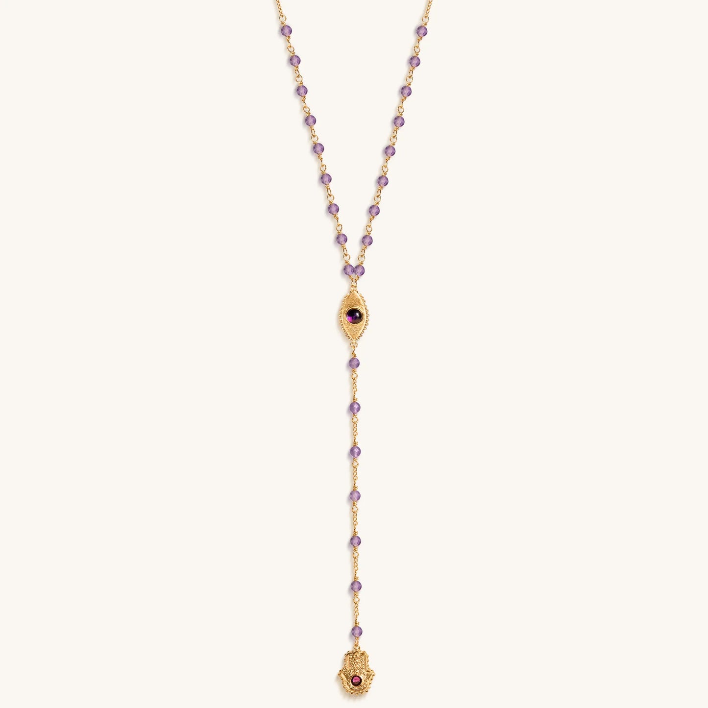 Peace of Spirit - Amethyst Evil Eye Hamsa Lariat Necklace