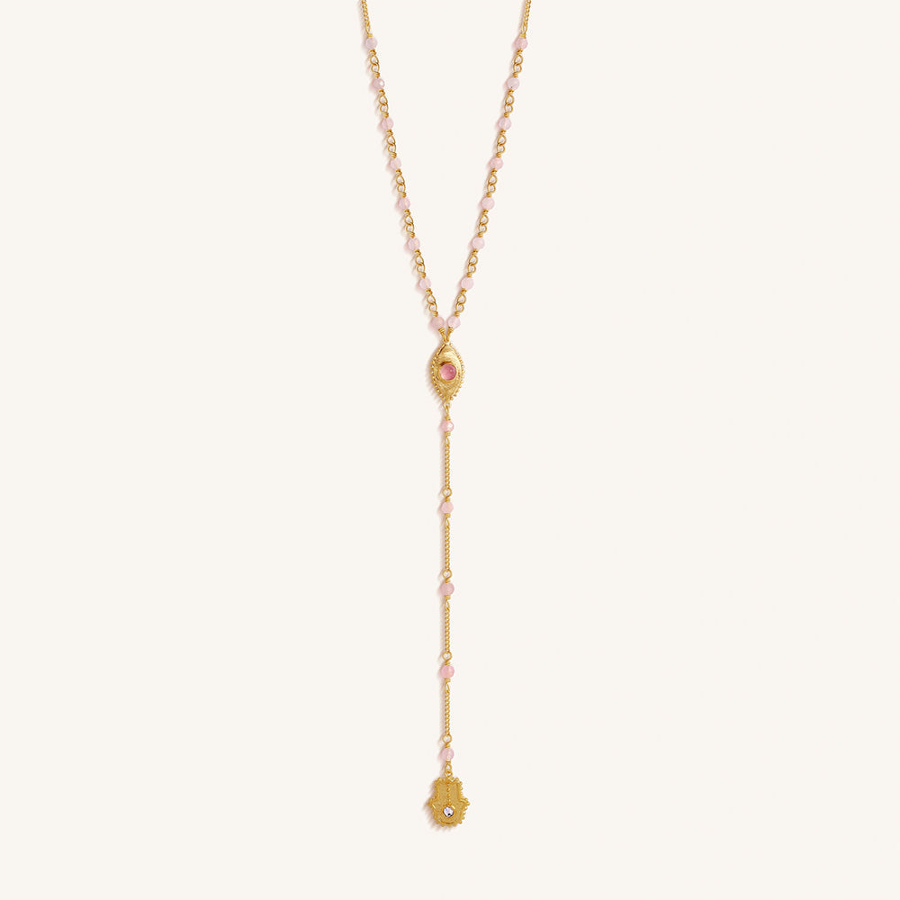Heart of Serenity – Rose Quartz Evil Eye Hamsa Lariat Necklace