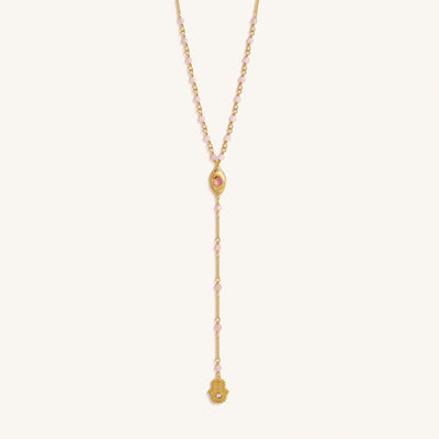 Heart of Serenity – Rose Quartz Evil Eye Hamsa Lariat Necklace