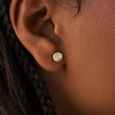 Luminous Shield - Opal October Birthstone Evil Eye Gold Stud Earrings