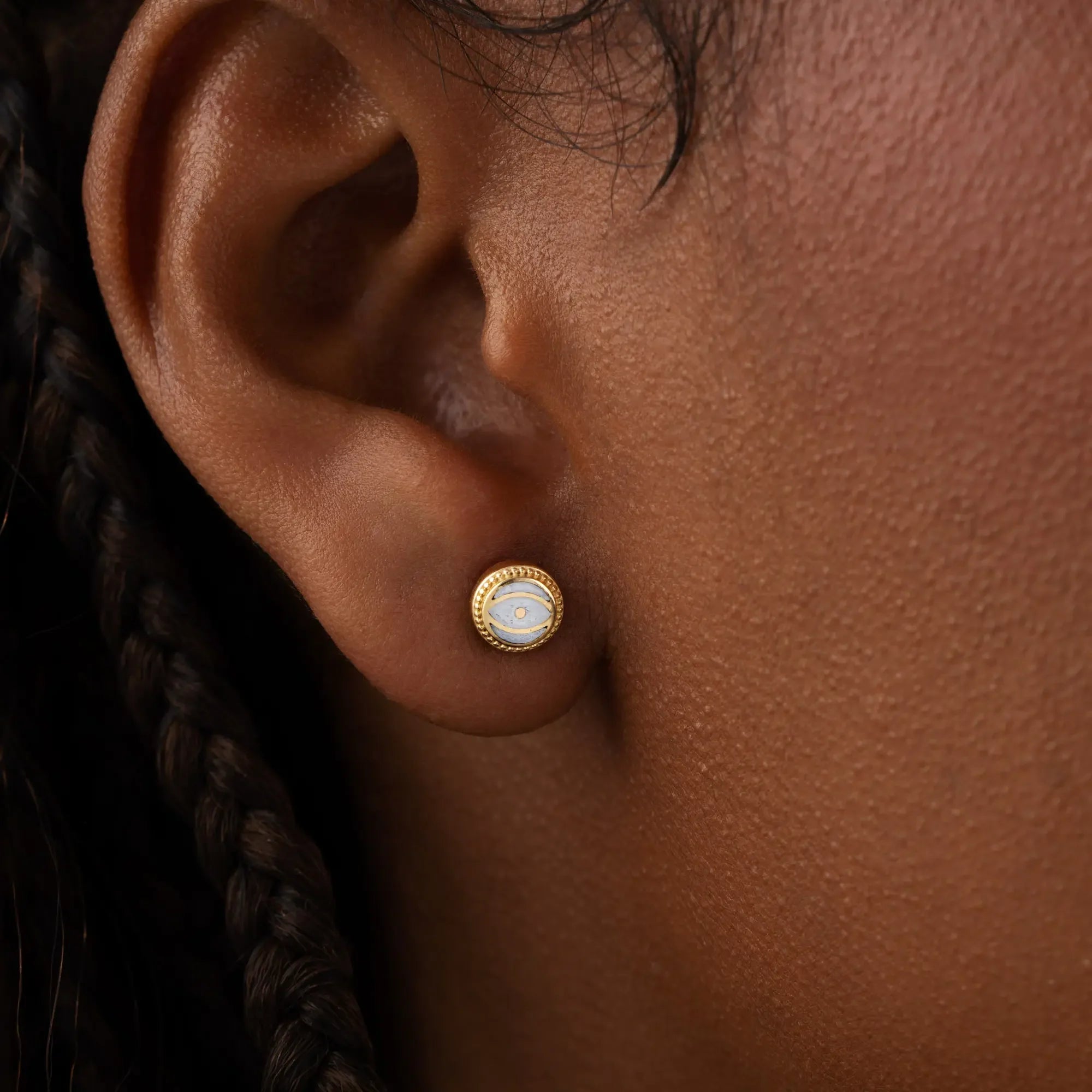 Lunar Sentinel - Moonstone June Birthstone Evil Eye Gold Stud Earrings