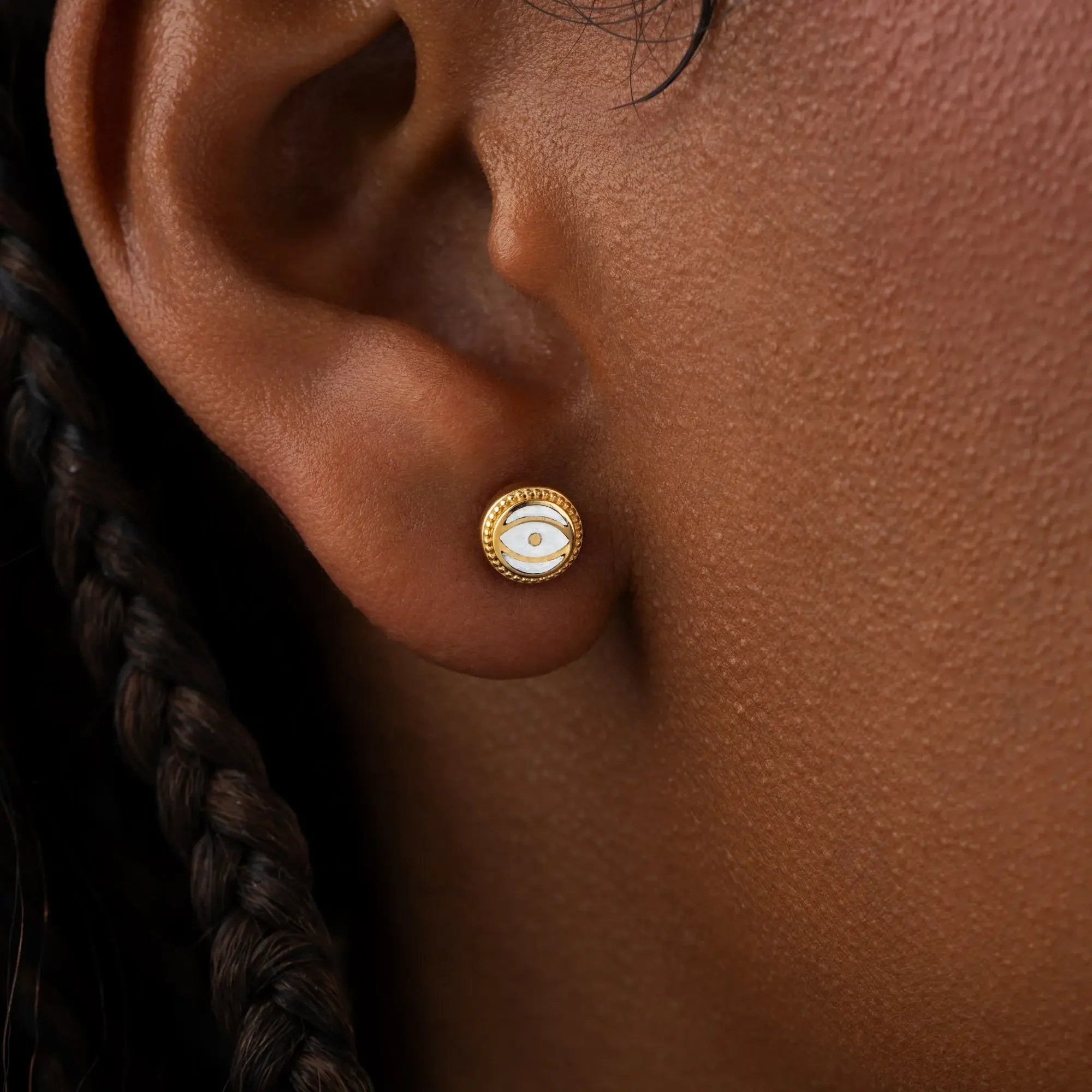 Luminous Shield - White Quartz April Birthstone Evil Eye Gold Stud Earrings