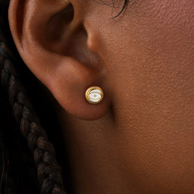 Luminous Shield - White Quartz April Birthstone Evil Eye Gold Stud Earrings