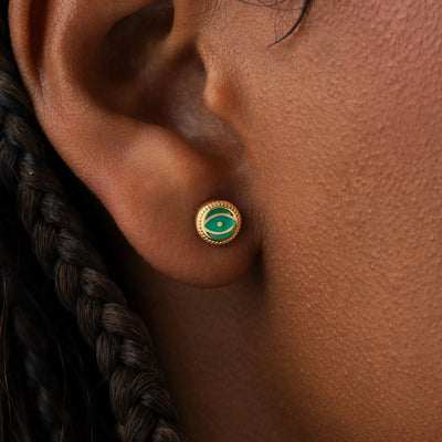 Verdant Guardian - Emerald Agate May Birthstone Evil Eye Gold Stud Earrings