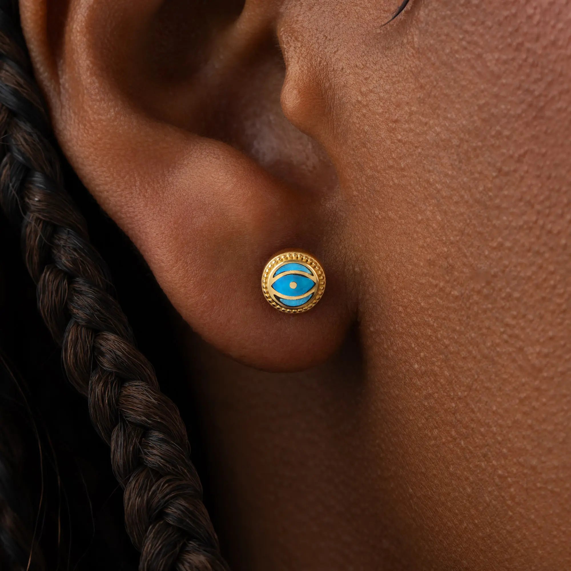 Ocean Watch - Aquamarine March Birthstone Evil Eye Gold Stud Earrings