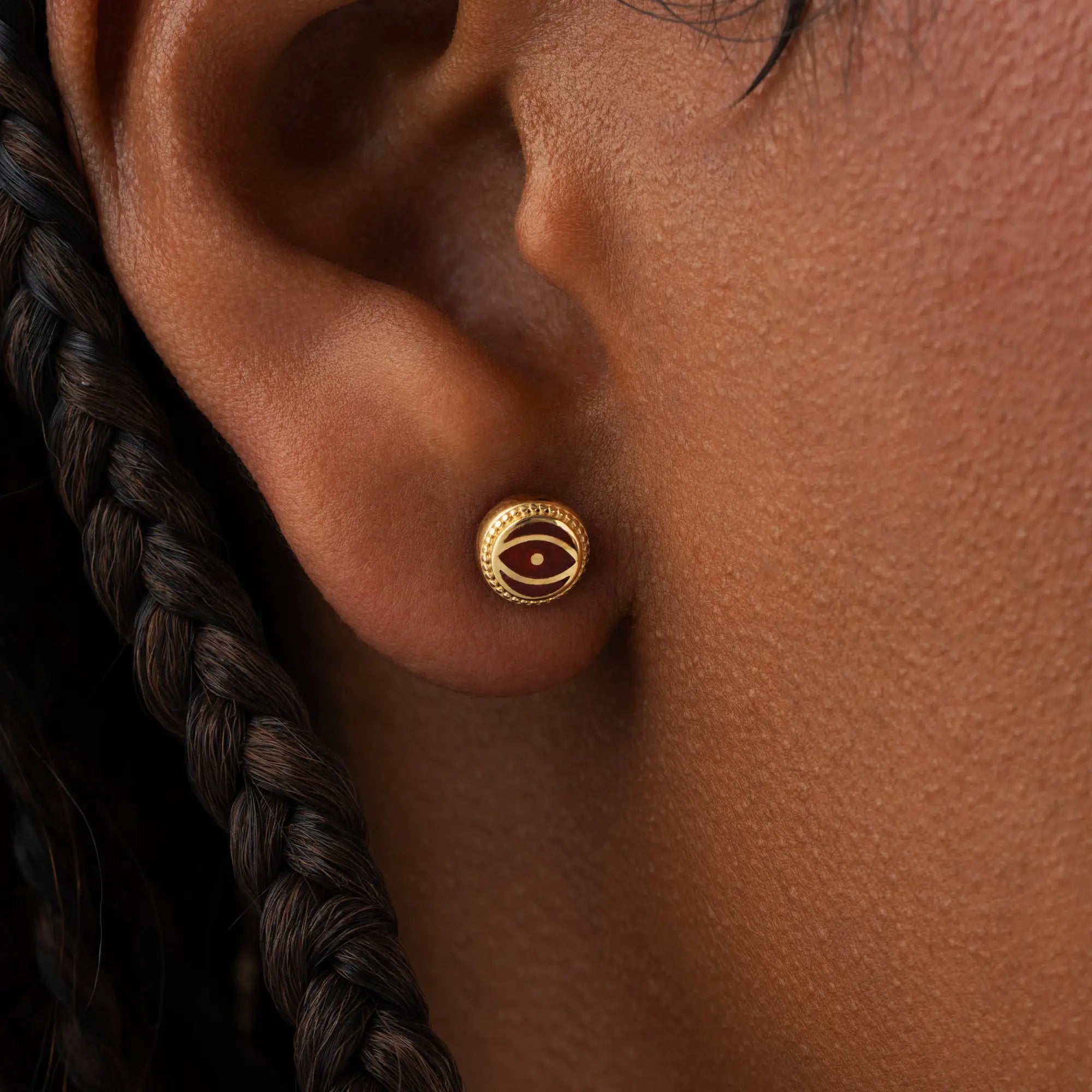 Crimson Shield - Garnet January Birthstone Evil Eye Gold Stud Earrings