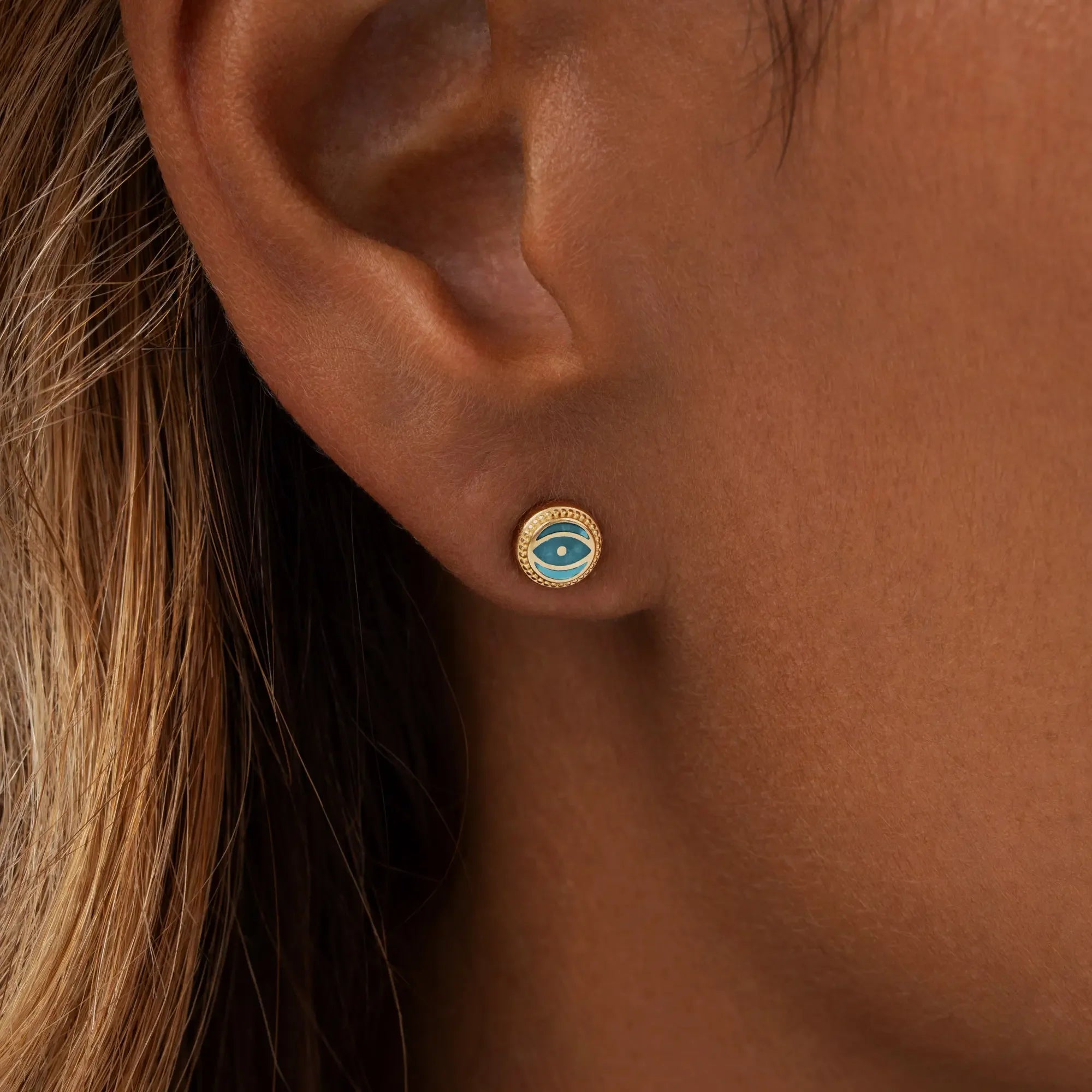 Guardian’s Whisper - Turquoise December Birthstone Evil Eye Gold Stud Earrings