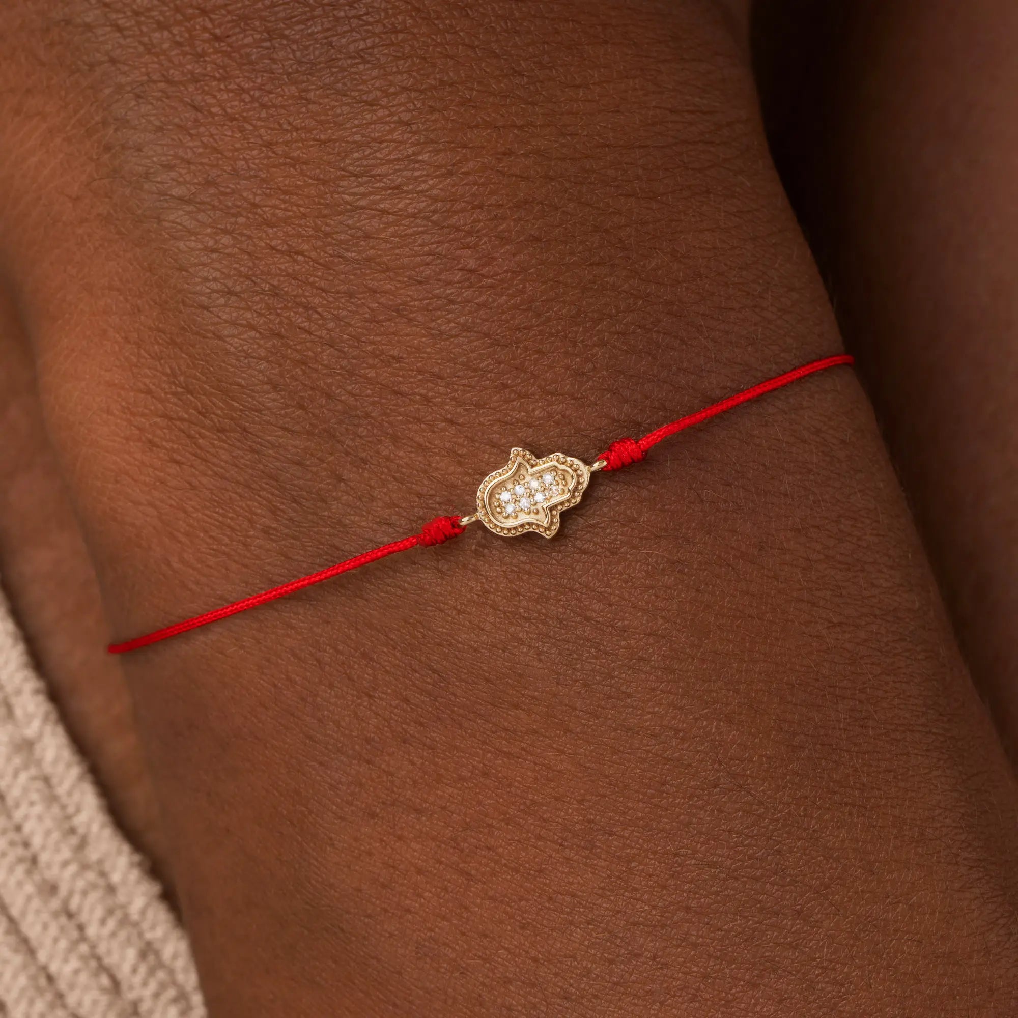 Radiant Blessings 14K Gold Diamond Hamsa Red String Bracelet