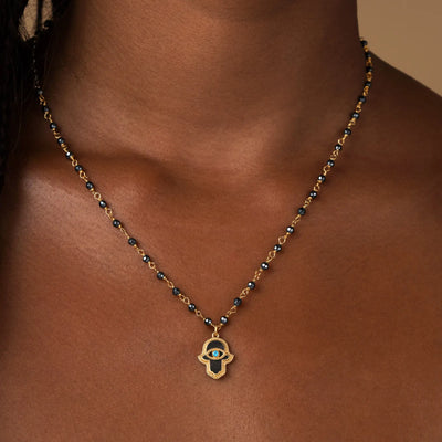 Celestial Flow – Hamsa Hematite & Aquamarine Necklace