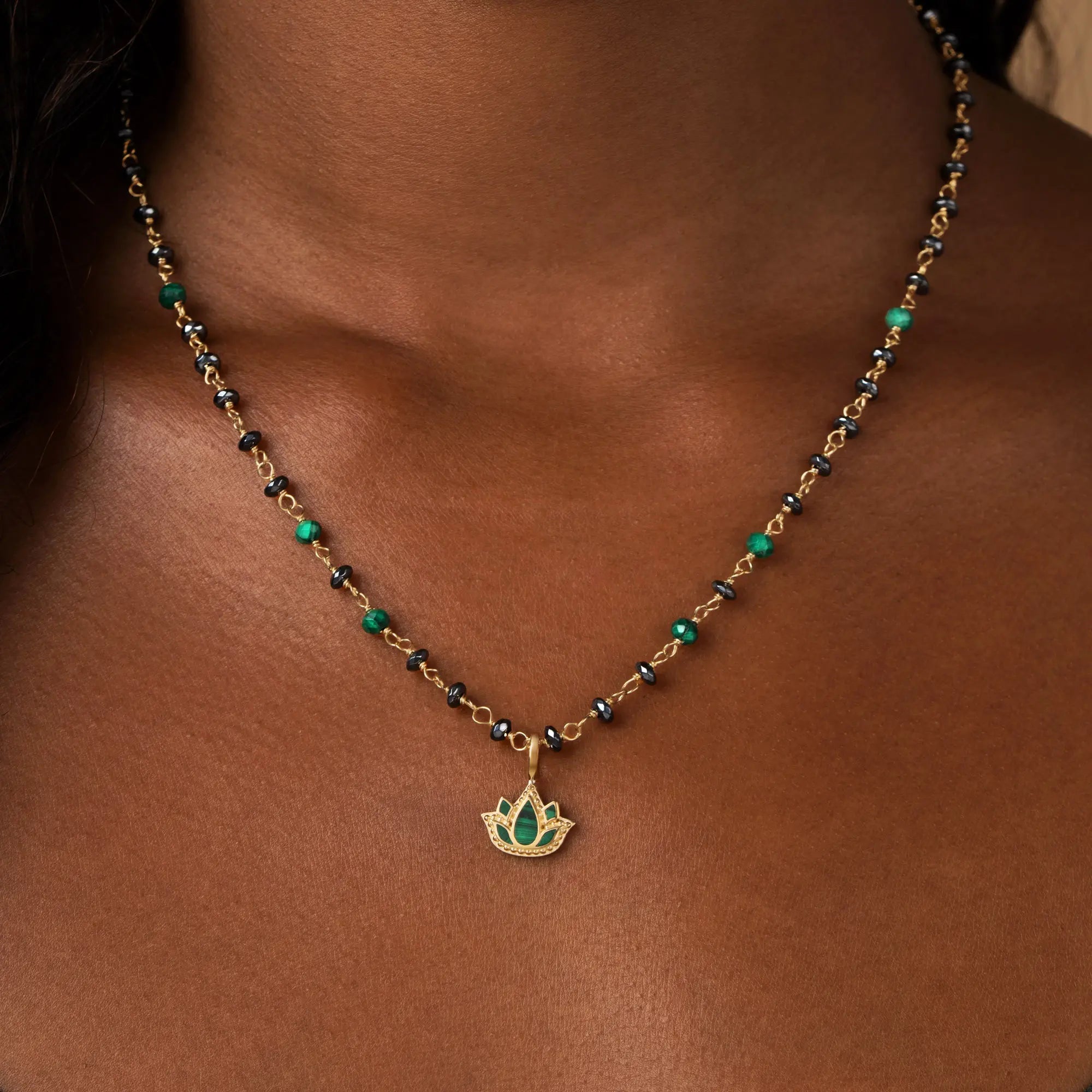 Tranquil Bloom – Lotus Hematite & Malachite Necklace