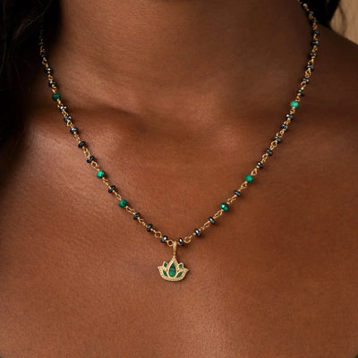 Tranquil Bloom – Lotus Hematite & Malachite Necklace